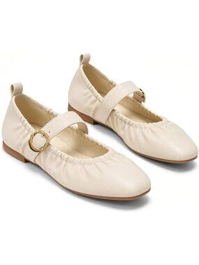Women's Suede Cream White Round Toe Gold Buckle Strap Flat Slip On Comfort Shoes